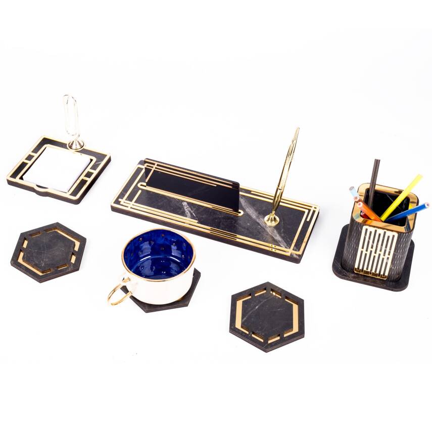 Retro Gold Kalemli Ataçlı Ahşap Masa İsimliği Bardak Altlığı Kalemlik Notluk İsimlik Masa Seti - 4