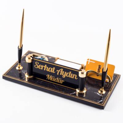 Riga Mermer Desenli Ahşap Gold Renk Çift Kalemli Masa İsimliği Ofis Masaüstü İsimlik Seti Hediye - 2