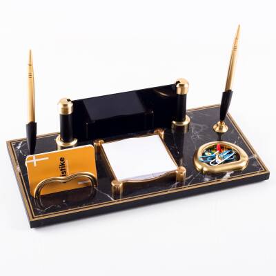 Riga Mermer Desenli Ahşap Gold Renk Çift Kalemli Masa İsimliği Ofis Masaüstü İsimlik Seti Hediye - 3