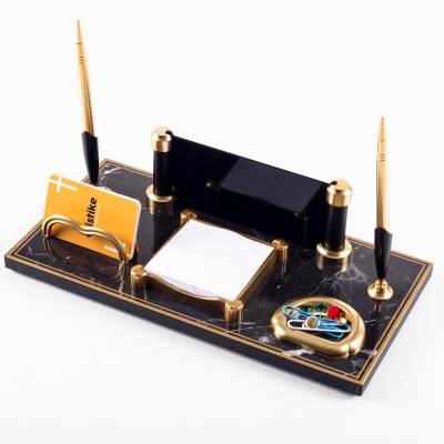 Riga Mermer Desenli Ahşap Gold Renk Çift Kalemli Masa İsimliği Ofis Masaüstü İsimlik Seti Hediye - 4