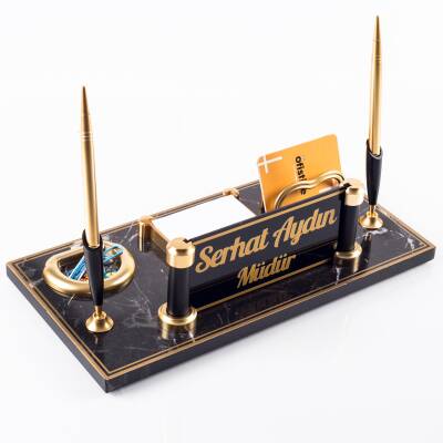 Riga Mermer Desenli Ahşap Gold Renk Çift Kalemli Masa İsimliği Ofis Masaüstü İsimlik Seti Hediye - Ofistike