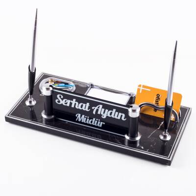 Riga Mermer Desenli Ahşap Gümüş Renk Çift Kalemli Masa İsimliği Ofis Masaüstü İsimlik Seti Hediye - Ofistike