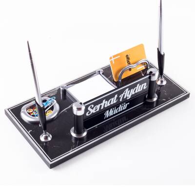 Riga Mermer Desenli Ahşap Gümüş Renk Çift Kalemli Masa İsimliği Ofis Masaüstü İsimlik Seti Hediye - 2