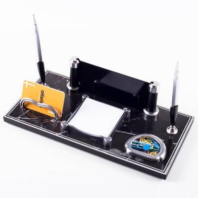 Riga Mermer Desenli Ahşap Gümüş Renk Çift Kalemli Masa İsimliği Ofis Masaüstü İsimlik Seti Hediye - 4