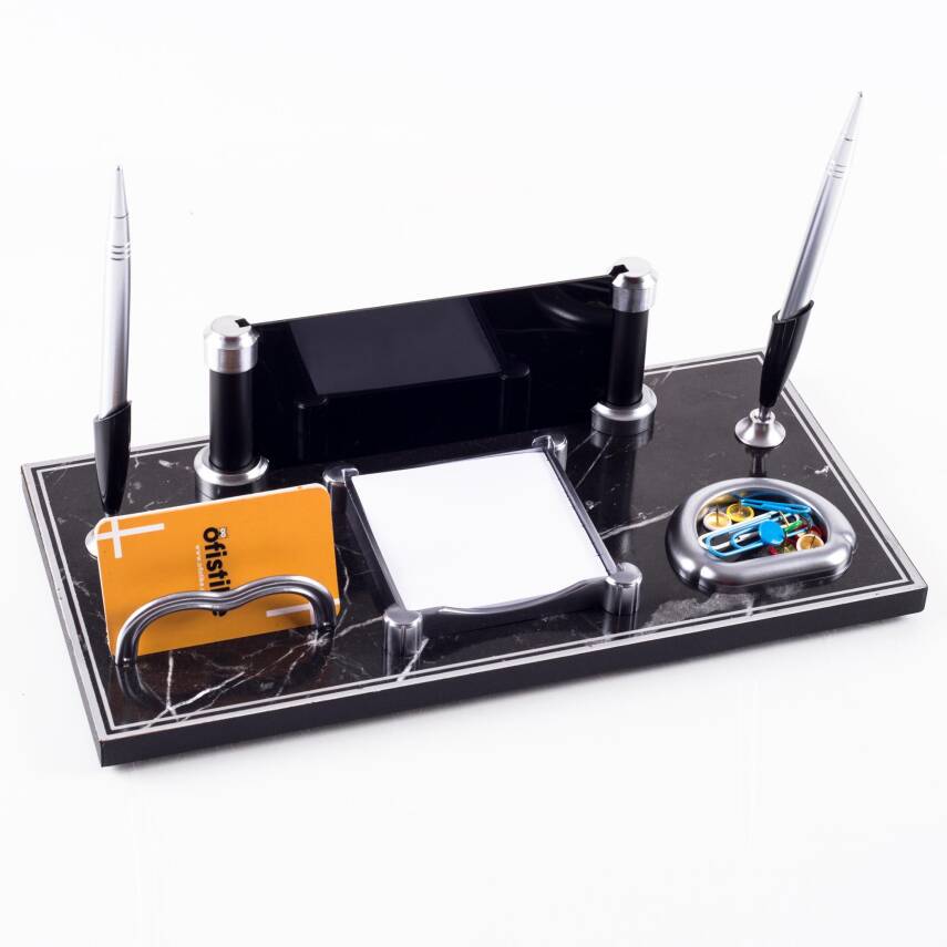 Riga Mermer Desenli Ahşap Gümüş Renk Çift Kalemli Masa İsimliği Ofis Masaüstü İsimlik Seti Hediye - 3