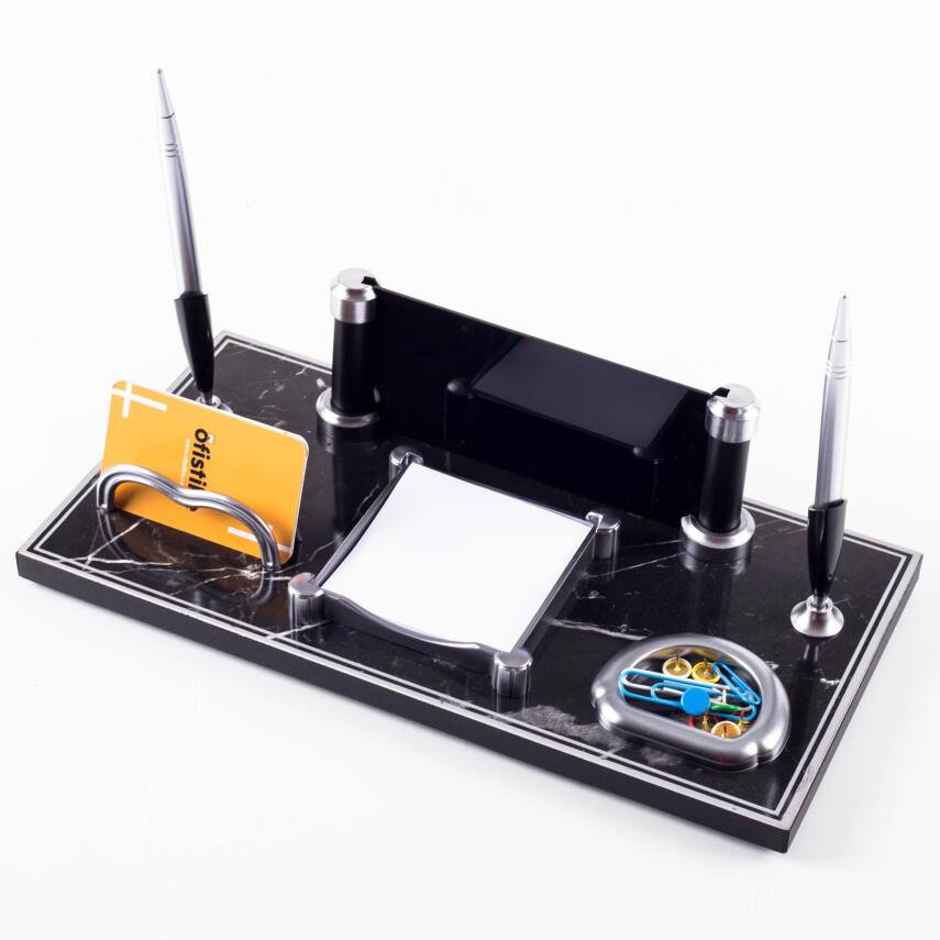 Riga Mermer Desenli Ahşap Gümüş Renk Çift Kalemli Masa İsimliği Ofis Masaüstü İsimlik Seti Hediye - 4