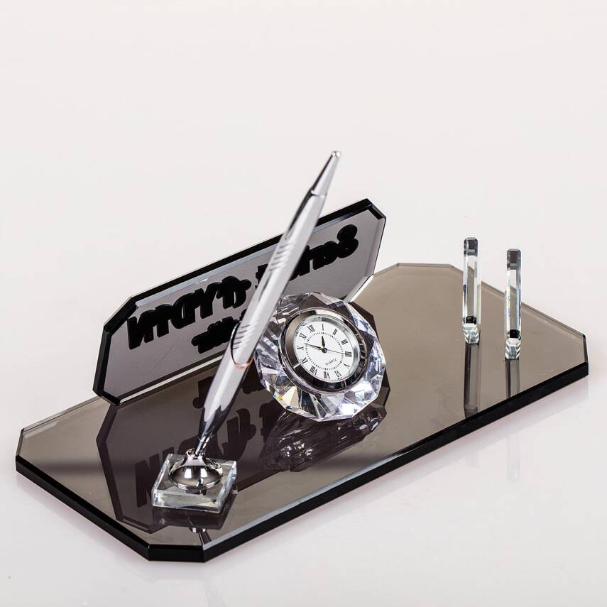 Rodos Masa İsimliği Ofis Hediyesi Gümüş Saatli Kalemli İsimlik Kristal Masa Üstü İsimlik - 2