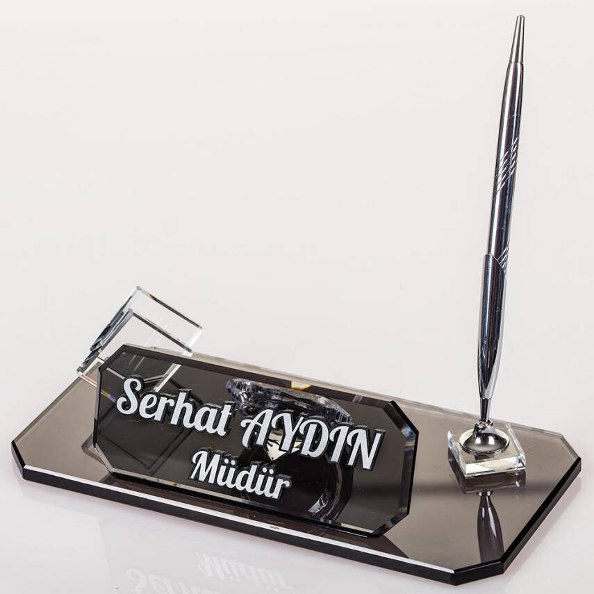 Rodos Masa İsimliği Ofis Hediyesi Gümüş Saatli Kalemli İsimlik Kristal Masa Üstü İsimlik - 4