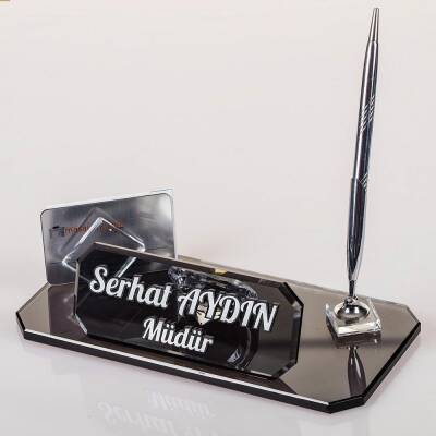 Rodos Masa İsimliği Ofis Hediyesi Gümüş Saatli Kalemli İsimlik Kristal Masa Üstü İsimlik - 5