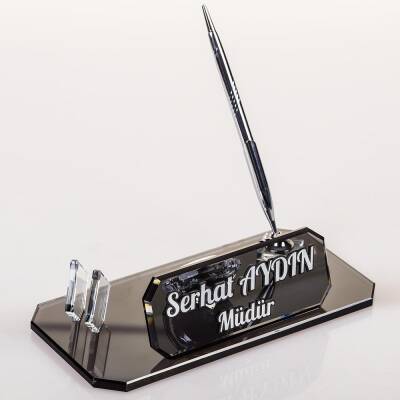 Rodos Masa İsimliği Ofis Hediyesi Gümüş Saatli Kalemli İsimlik Kristal Masa Üstü İsimlik - 3