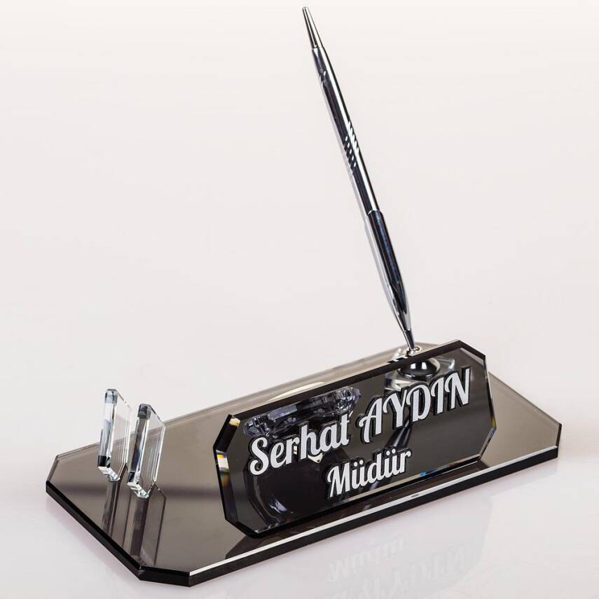 Rodos Masa İsimliği Ofis Hediyesi Gümüş Saatli Kalemli İsimlik Kristal Masa Üstü İsimlik - 3
