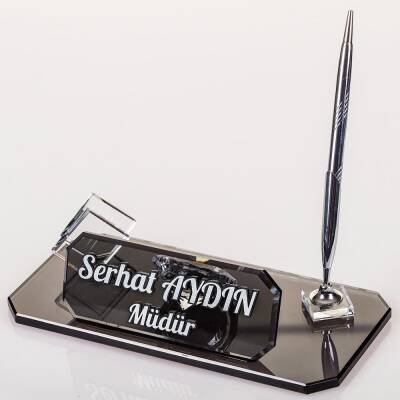 Rodos Masa İsimliği Ofis Hediyesi Gümüş Saatli Kalemli İsimlik Kristal Masa Üstü İsimlik - 4