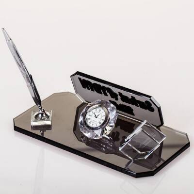 Rodos Masa İsimliği Ofis Hediyesi Gümüş Saatli Kalemli İsimlik Kristal Masa Üstü İsimlik - Ofistike