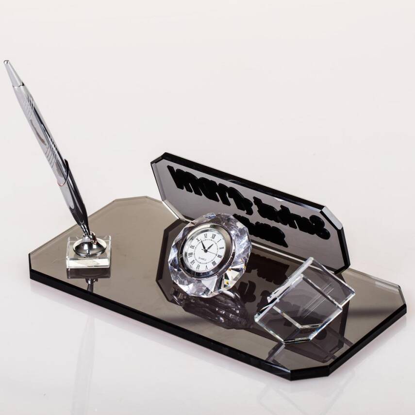 Rodos Masa İsimliği Ofis Hediyesi Gümüş Saatli Kalemli İsimlik Kristal Masa Üstü İsimlik - 1