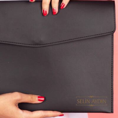 Rosso İsme Özel Siyah Deri İç Bölmeli Dosya Evrak Notebook Tablet Çantası Kadın Kalem Kart Kılıfı - Ofistike