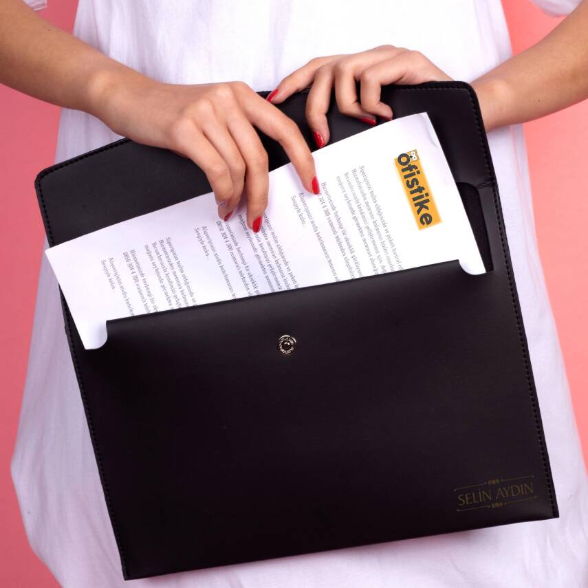 Rosso İsme Özel Siyah Deri İç Bölmeli Dosya Evrak Notebook Tablet Çantası Kadın Kalem Kart Kılıfı - 2