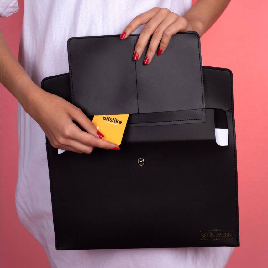 Rosso İsme Özel Siyah Deri İç Bölmeli Dosya Evrak Notebook Tablet Çantası Kadın Kalem Kart Kılıfı - 3