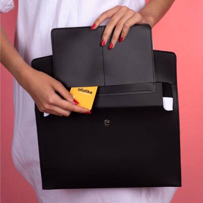 Rosso Siyah Deri İç Bölmeli Dosya Evrak Notebook Tablet Çantası Kadın Kartvizitlik Kalem Kılıfı - 3
