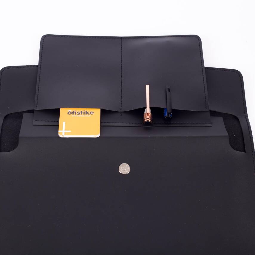 Rosso Siyah Deri İç Bölmeli Dosya Evrak Notebook Tablet Çantası Kadın Kartvizitlik Kalem Kılıfı - 5