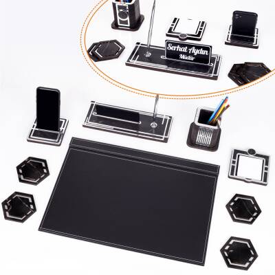 Roxy Gümüş Siyah Deri Sümen Takımı Mermer Desen Ahşap İsme Özel Masa İsimliği Masaüstü İsimlik Seti 