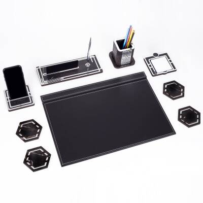 Roxy Gümüş Siyah Deri Sümen Takımı Mermer Desen Ahşap İsme Özel Masa İsimliği Masaüstü İsimlik Seti - 3