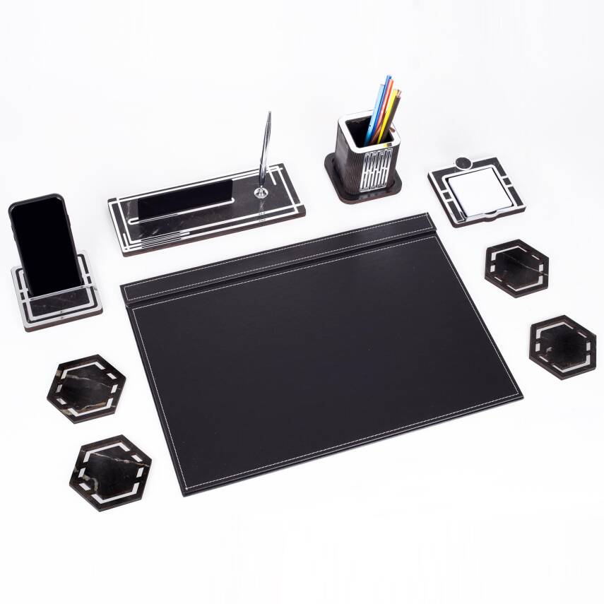 Roxy Gümüş Siyah Deri Sümen Takımı Mermer Desen Ahşap İsme Özel Masa İsimliği Masaüstü İsimlik Seti - 3