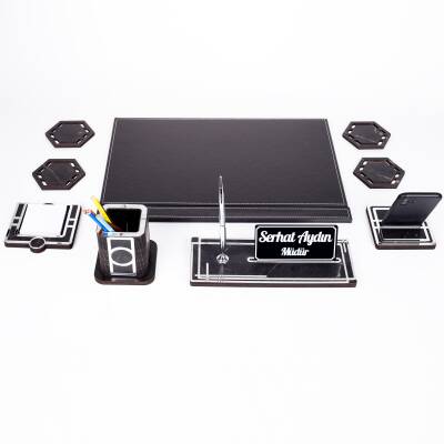 Roxy Gümüş Siyah Deri Sümen Takımı Mermer Desen Ahşap İsme Özel Masa İsimliği Masaüstü İsimlik Seti - 5