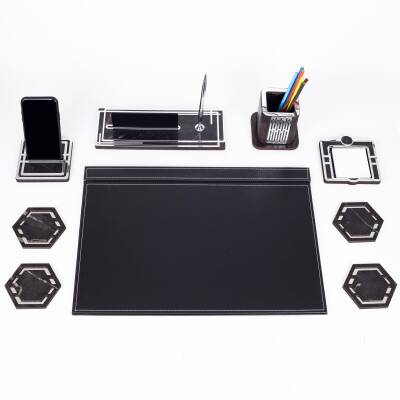 Roxy Gümüş Siyah Deri Sümen Takımı Mermer Desen Ahşap İsme Özel Masa İsimliği Masaüstü İsimlik Seti - 2