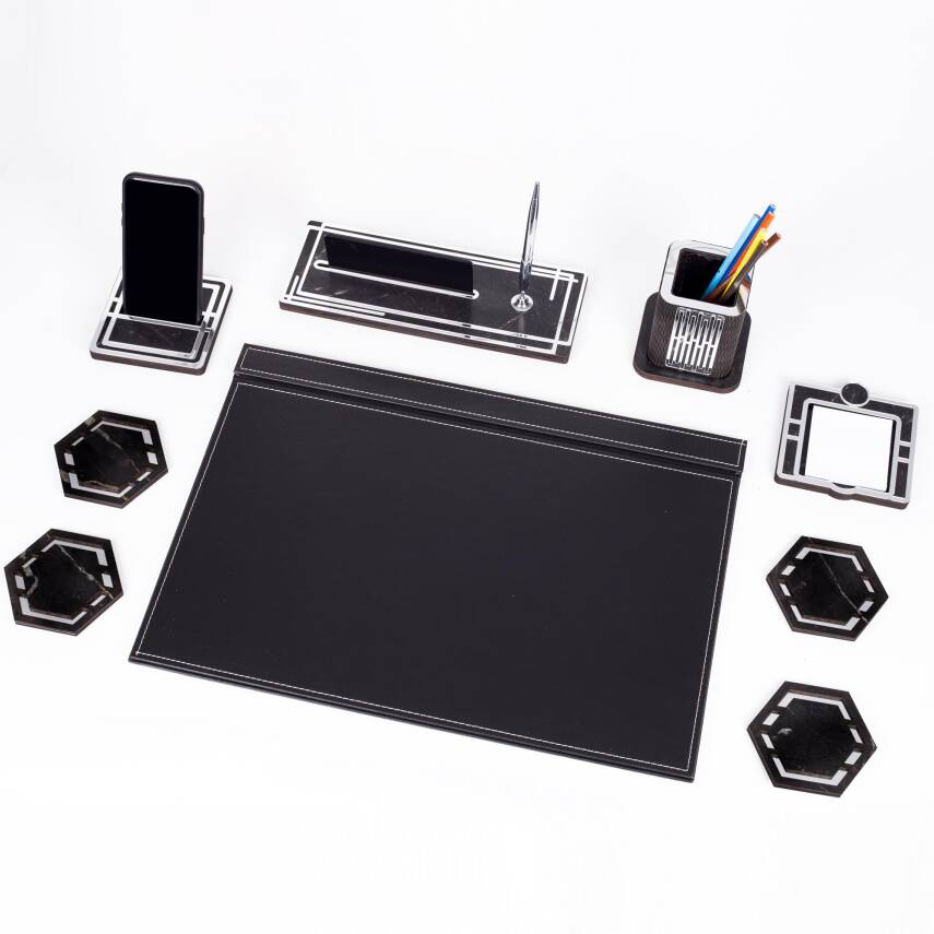 Roxy Gümüş Siyah Deri Sümen Takımı Mermer Desen Ahşap İsme Özel Masa İsimliği Masaüstü İsimlik Seti - 4