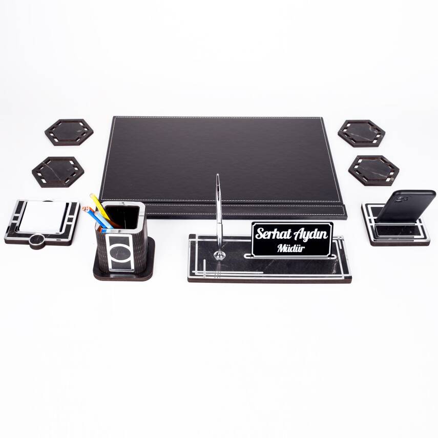 Roxy Gümüş Siyah Deri Sümen Takımı Mermer Desen Ahşap İsme Özel Masa İsimliği Masaüstü İsimlik Seti - 5