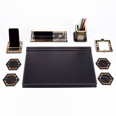 Roxy Siyah Deri Sümen Takımı Gold Mermer Desen Ahşap İsme Özel Masa İsimliği Masaüstü İsimlik Seti - 2