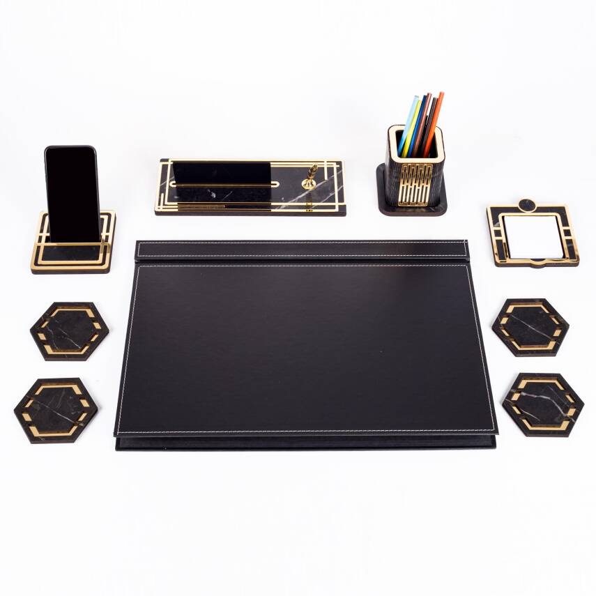 Roxy Siyah Deri Sümen Takımı Gold Mermer Desen Ahşap İsme Özel Masa İsimliği Masaüstü İsimlik Seti - 2