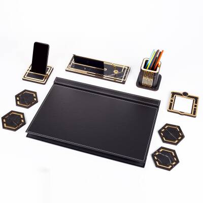 Roxy Siyah Deri Sümen Takımı Gold Mermer Desen Ahşap İsme Özel Masa İsimliği Masaüstü İsimlik Seti - 6