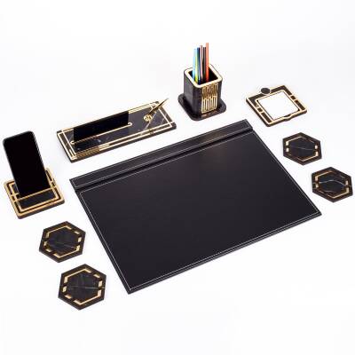 Roxy Siyah Deri Sümen Takımı Gold Mermer Desen Ahşap İsme Özel Masa İsimliği Masaüstü İsimlik Seti - 3