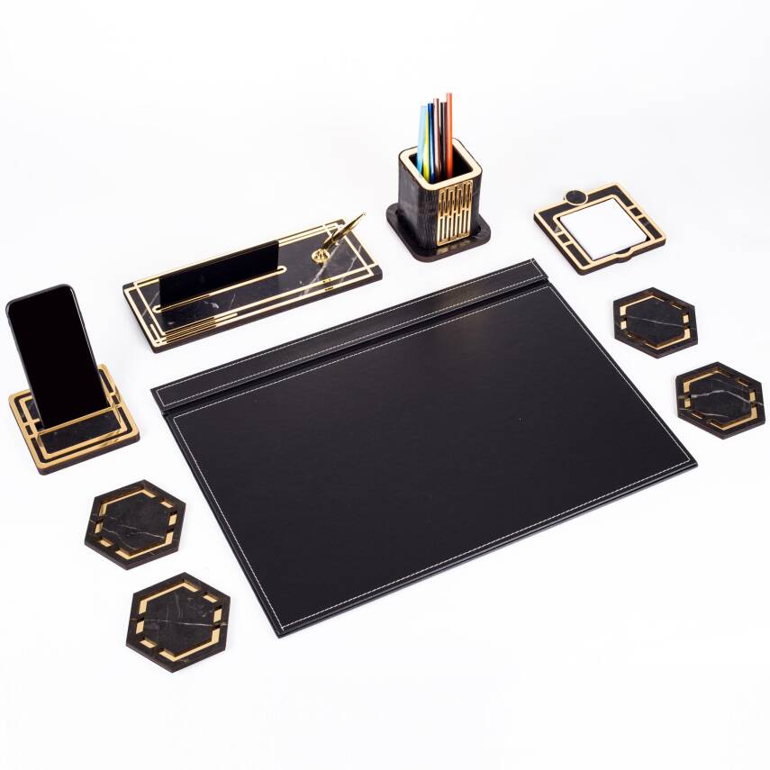 Roxy Siyah Deri Sümen Takımı Gold Mermer Desen Ahşap İsme Özel Masa İsimliği Masaüstü İsimlik Seti - 3
