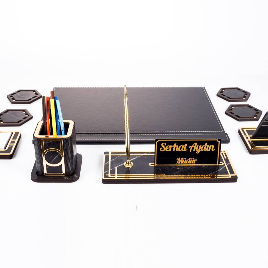 Roxy Siyah Deri Sümen Takımı Gold Mermer Desen Ahşap İsme Özel Masa İsimliği Masaüstü İsimlik Seti - 5