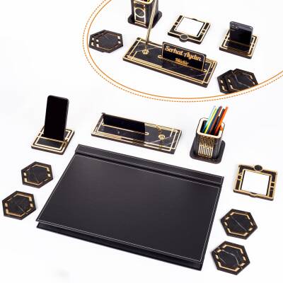 Roxy Siyah Deri Sümen Takımı Gold Mermer Desen Ahşap İsme Özel Masa İsimliği Masaüstü İsimlik Seti - Ofistike
