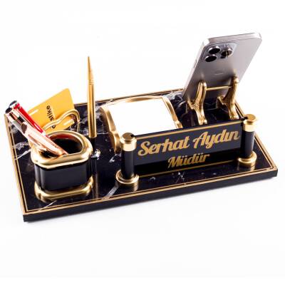 Royal Mermer Desen Ahşap Gold Kalemli Masa İsimliği Ofis Masaüstü İsimlik Seti Ofis Hediye Yeni İş - 2