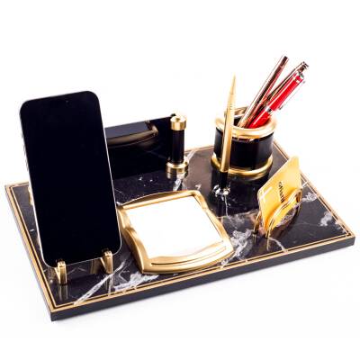 Royal Mermer Desen Ahşap Gold Kalemli Masa İsimliği Ofis Masaüstü İsimlik Seti Ofis Hediye Yeni İş - 3