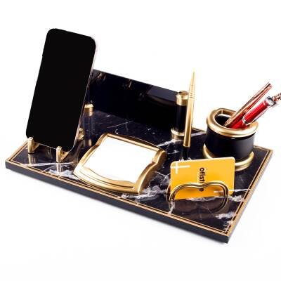Royal Mermer Desen Ahşap Gold Kalemli Masa İsimliği Ofis Masaüstü İsimlik Seti Ofis Hediye Yeni İş - 4