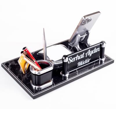 Royal Mermer Desen Ahşap Gümüş Kalemli Masa İsimliği Ofis Masaüstü İsimlik Seti Ofis Hediye Yeni İş - Ofistike