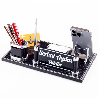 Royal Mermer Desen Ahşap Gümüş Kalemli Masa İsimliği Ofis Masaüstü İsimlik Seti Ofis Hediye Yeni İş - 2