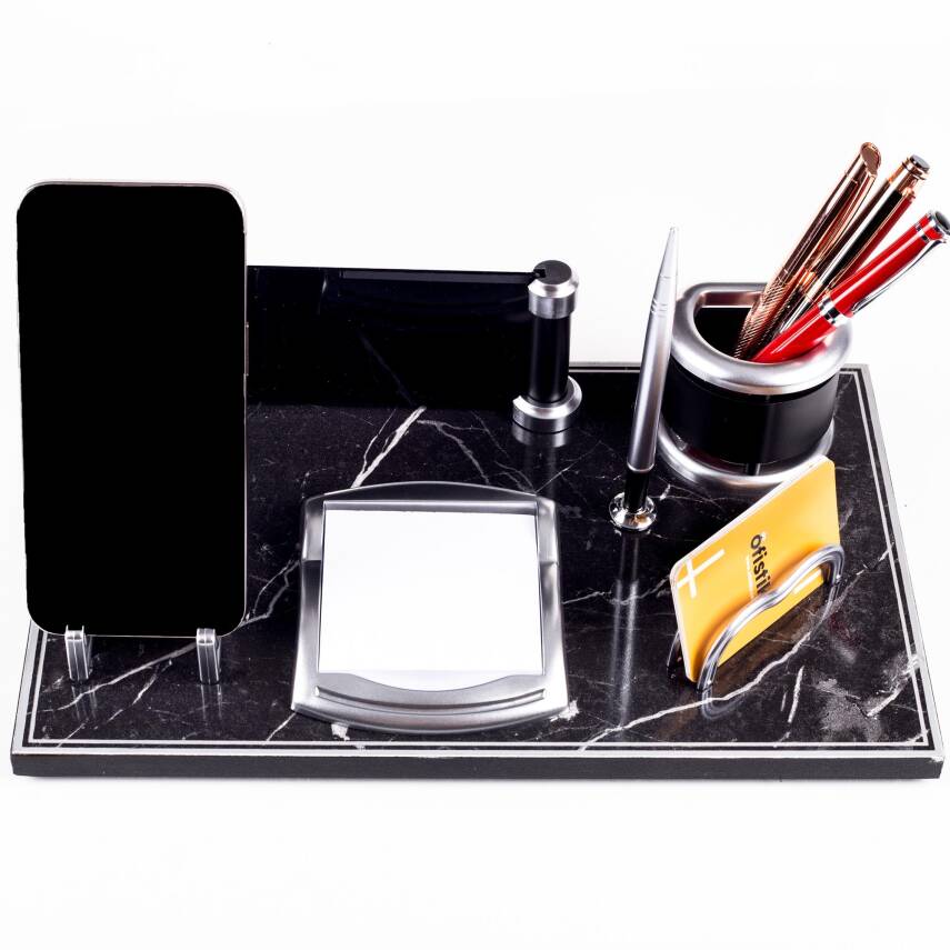 Royal Mermer Desen Ahşap Gümüş Kalemli Masa İsimliği Ofis Masaüstü İsimlik Seti Ofis Hediye Yeni İş - 3