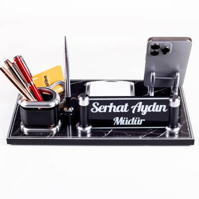 Royal Mermer Desen Ahşap Gümüş Kalemli Masa İsimliği Ofis Masaüstü İsimlik Seti Ofis Hediye Yeni İş - 4