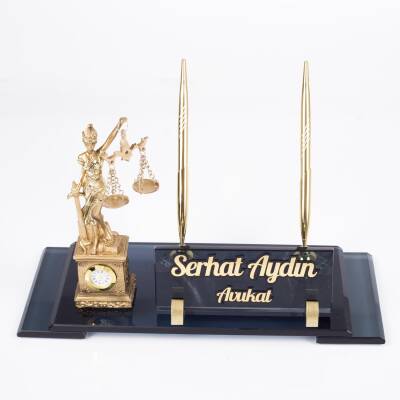 Saatli Adalet Heykeli Biblolu İsimlik Avukatlara Hakim Savcı Hukuk Kristal Ofis Masa İsimliği - 3