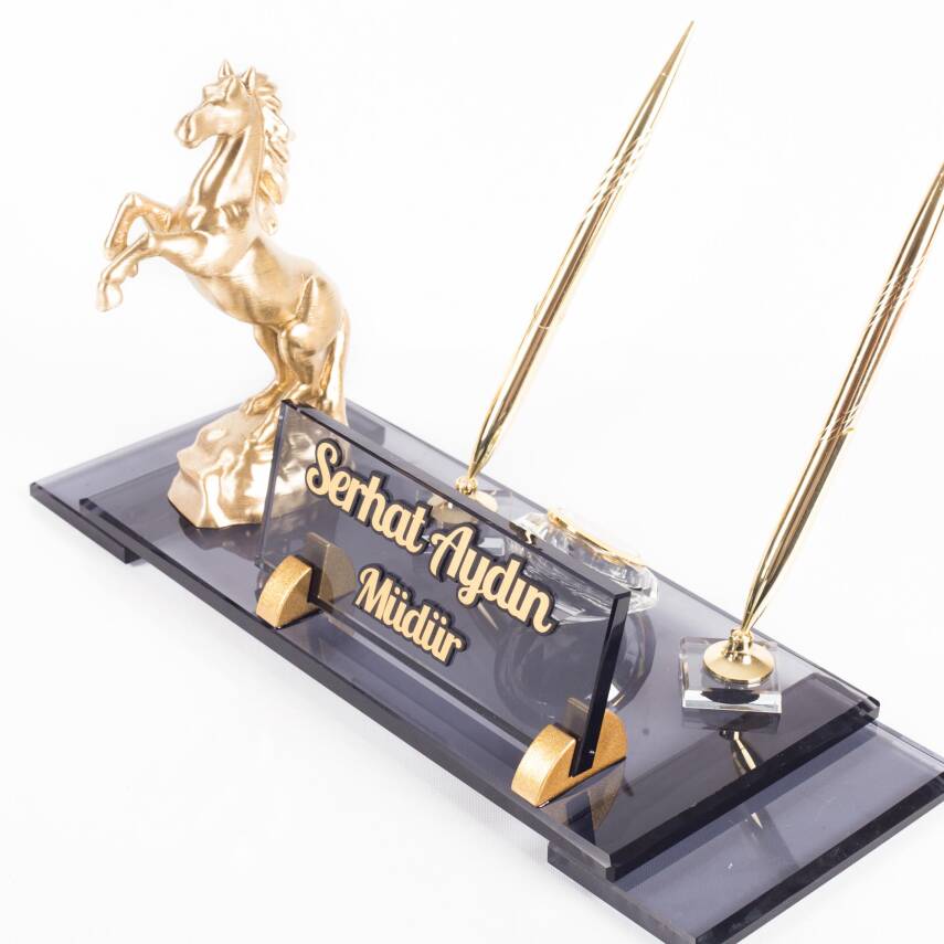 Şaha Kalkmış At Biblolu Elit Kristal İsimlik Masa İsimliği Çift Kalemli İsimlik Lüks Ofis Hediyesi - 1