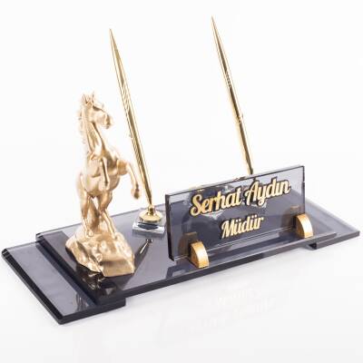 Şaha Kalkmış At Biblolu Elit Kristal İsimlik Masa İsimliği Çift Kalemli İsimlik Lüks Ofis Hediyesi - 2