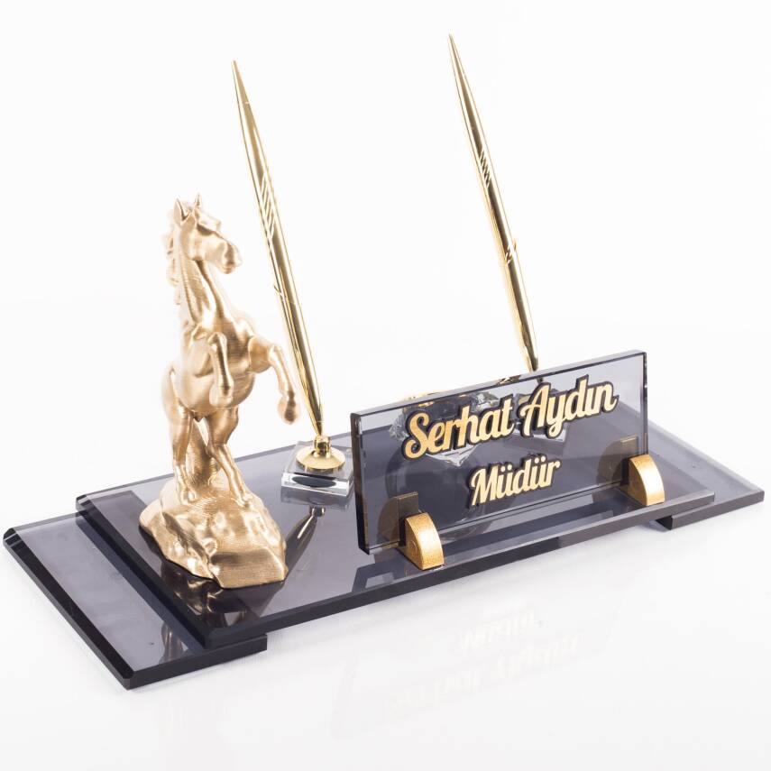 Şaha Kalkmış At Biblolu Elit Kristal İsimlik Masa İsimliği Çift Kalemli İsimlik Lüks Ofis Hediyesi - 2