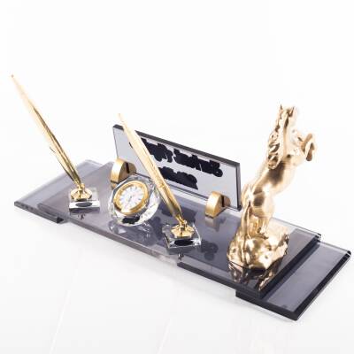 Şaha Kalkmış At Biblolu Elit Kristal İsimlik Masa İsimliği Çift Kalemli İsimlik Lüks Ofis Hediyesi - 3