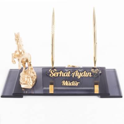 Şaha Kalkmış At Biblolu Elit Kristal İsimlik Masa İsimliği Çift Kalemli İsimlik Lüks Ofis Hediyesi - 4